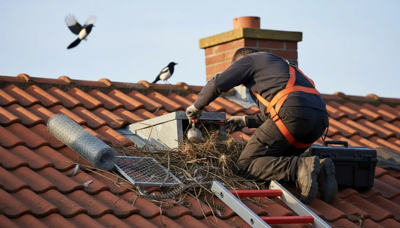 Håndværker fjerner allikereder fra en udvendig ventilationsskakt på et tegltag med rygningsstige og hønsenet.