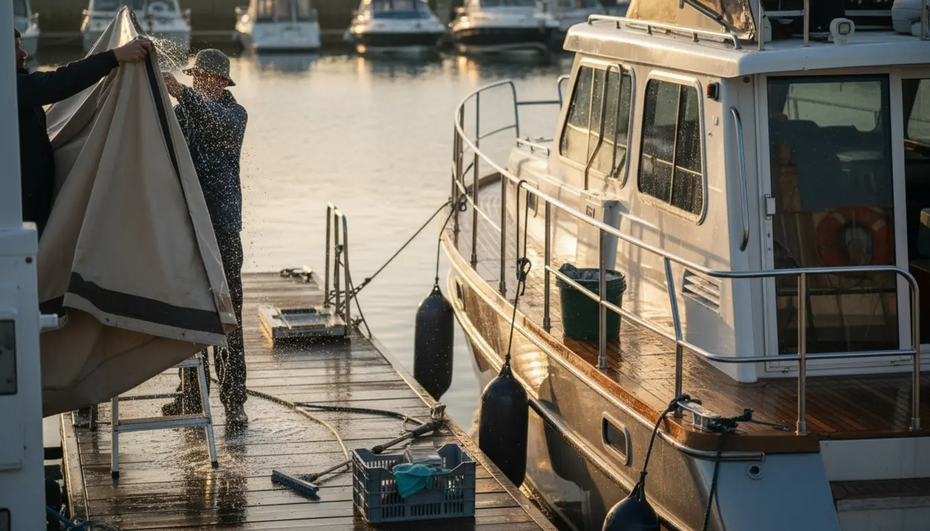 En stålbåd klargøres ved havnen: dæk vaskes og bådtelt rengøres i morgensol.