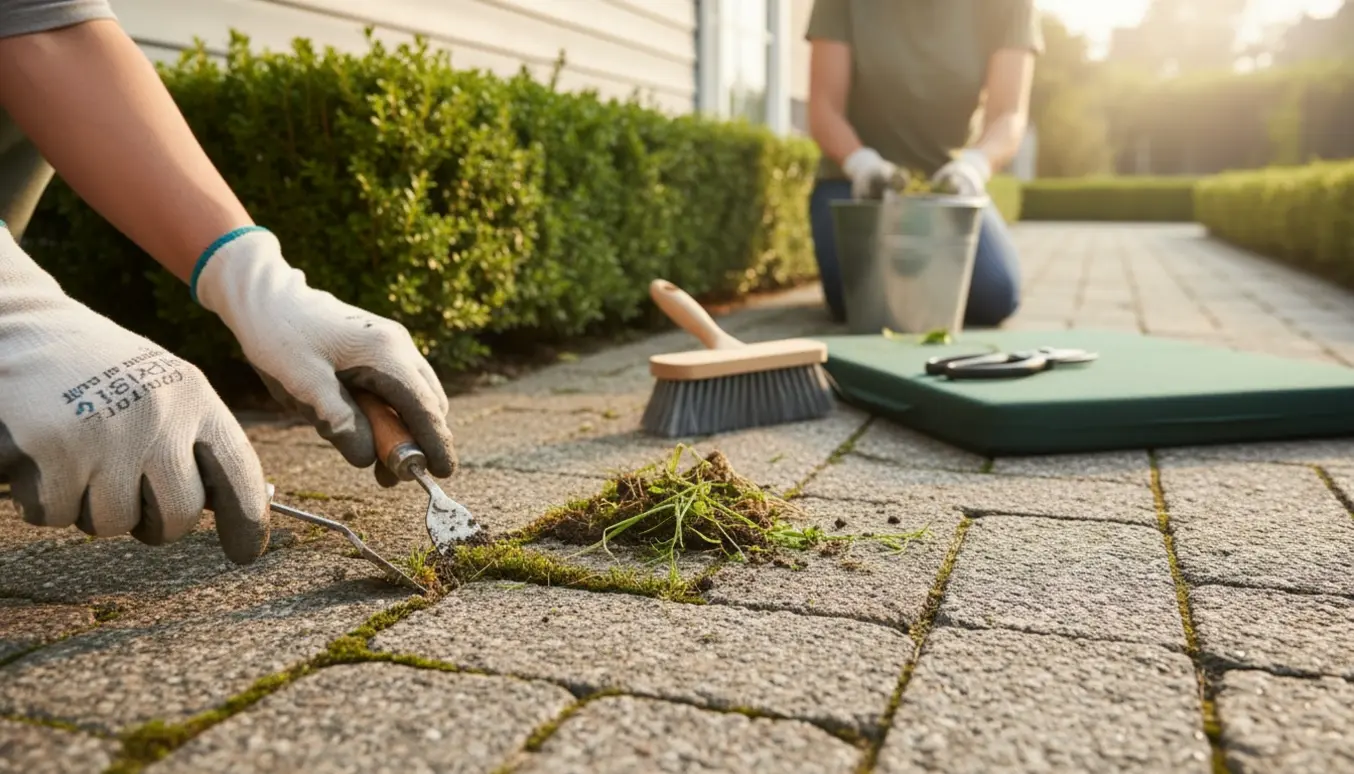 Nærbillede af hænder der fjerner ukrudt mellem terrassefliser med håndredskaber ved en hæk langs huset.