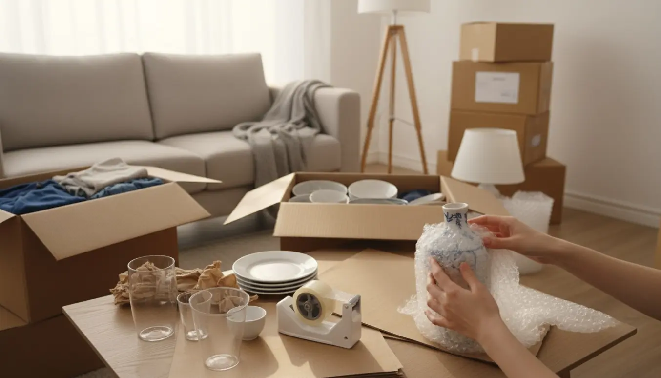 Hænder pakker en keramisk vase ind i bobleplast blandt flyttekasser i en lys stue.