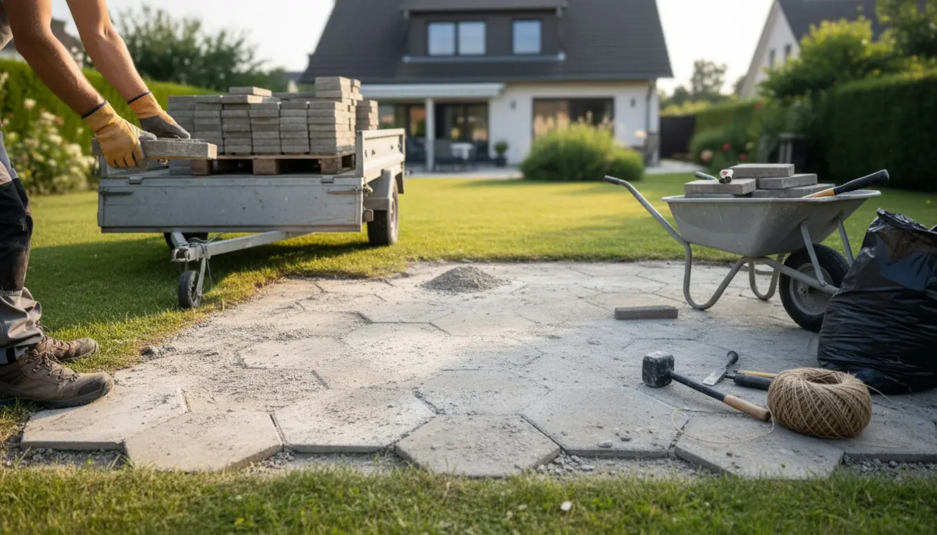 Person læsser terrassesten af og stabler dem på en trailer i en solrig have.