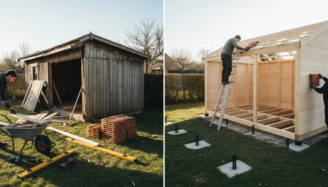 Hænder nedtager et gammelt skur, mens nyt skur bygges på punktfundament med lægter og tagsten i baggrunden.