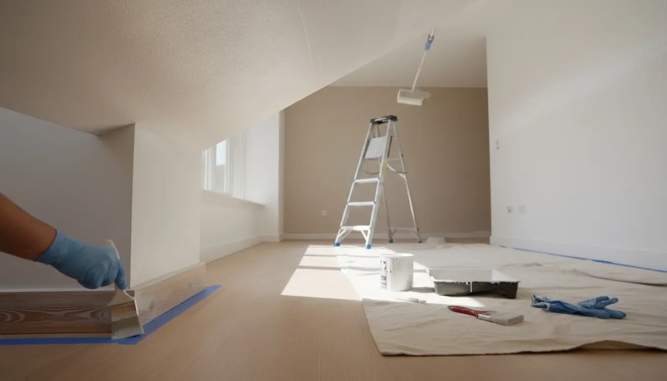 Indendørs malerscene med rullestang, der maler loftet, og pensel, der maler fodlister i et lyst rum.