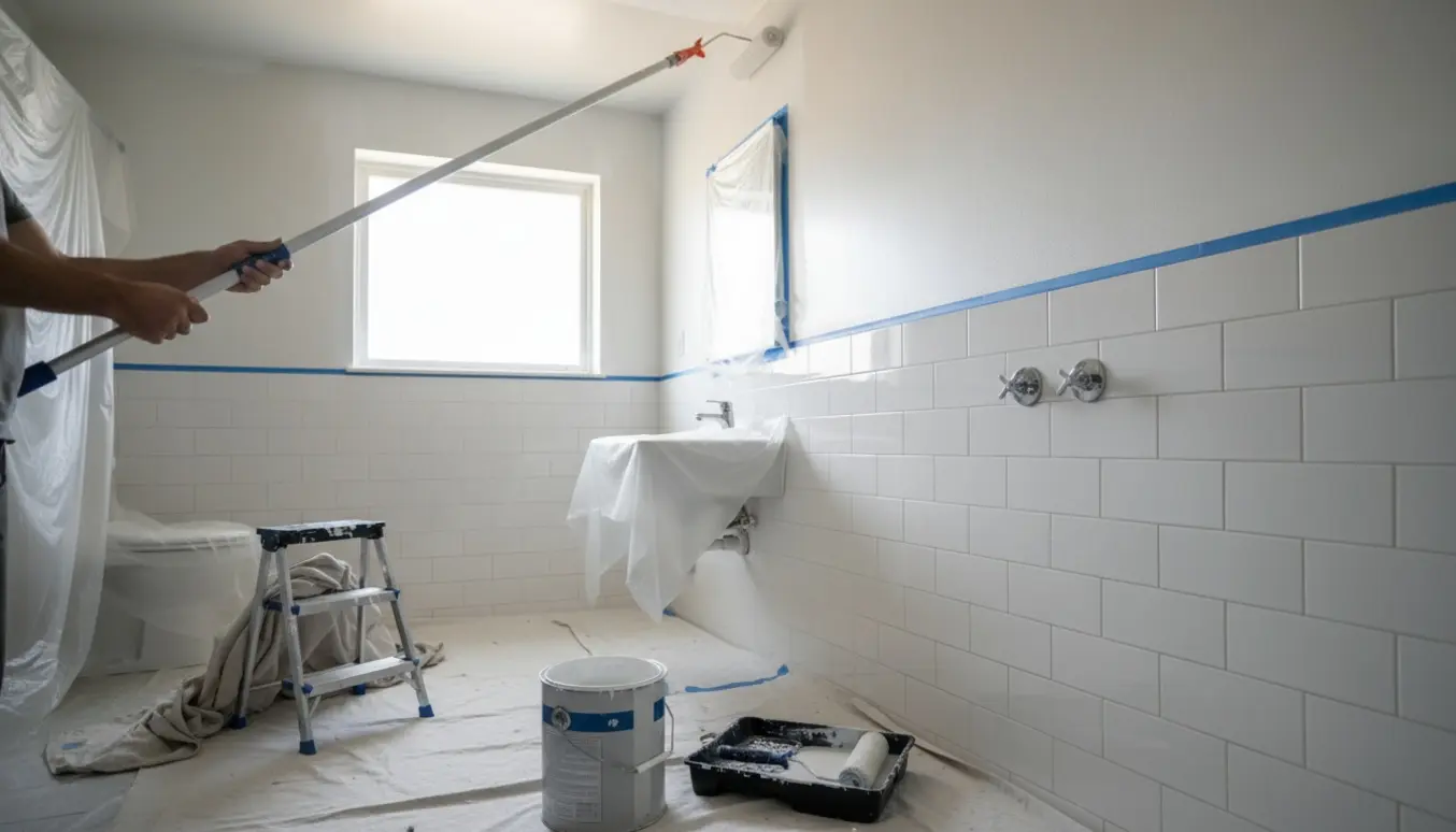 Lille badeværelse under maling med rulle, malerbøtte og afdækning over gulv og inventar.