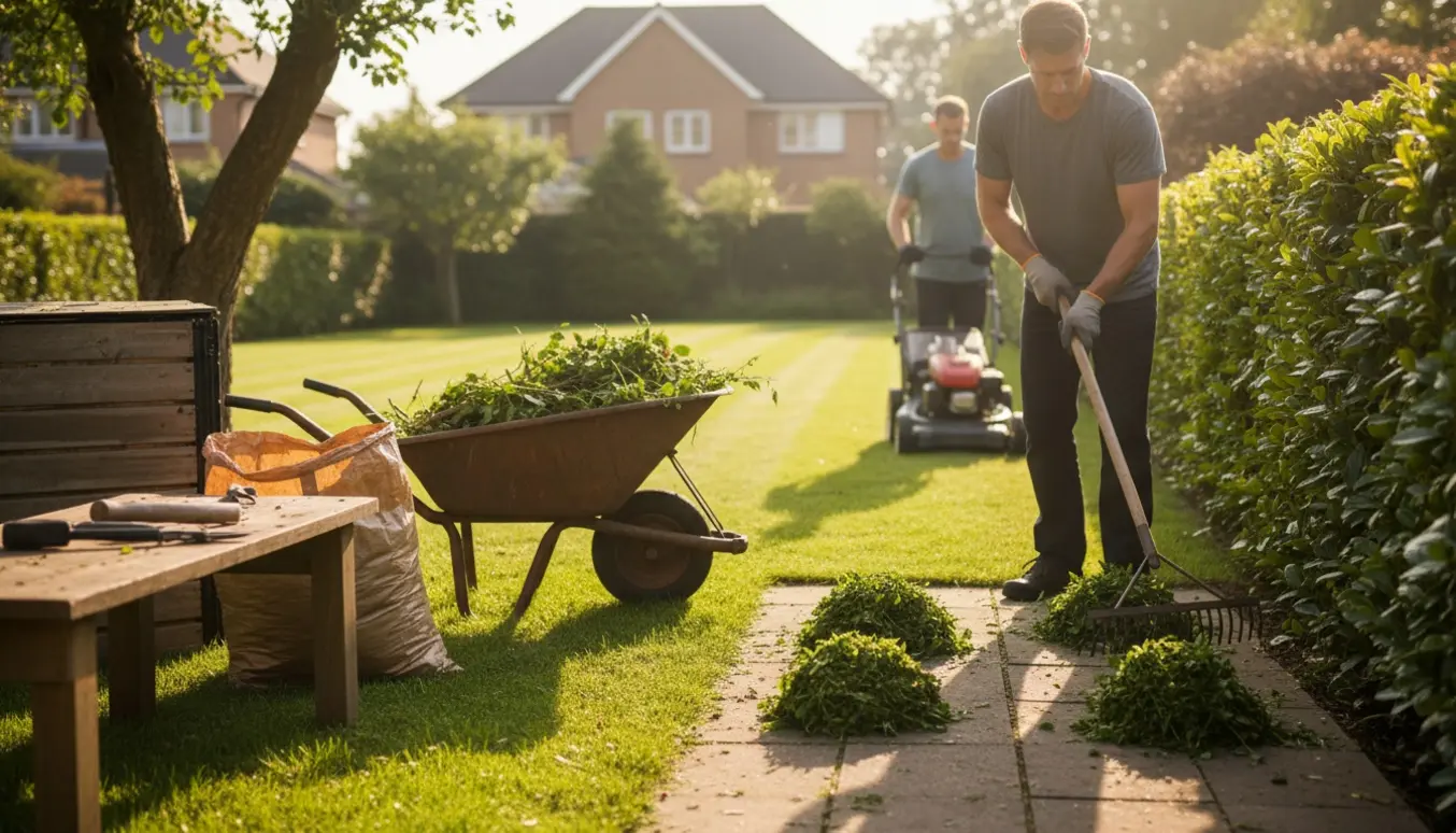 Hæktrimning og nyslået græs med opsamlet haveaffald i en solrig forhave.