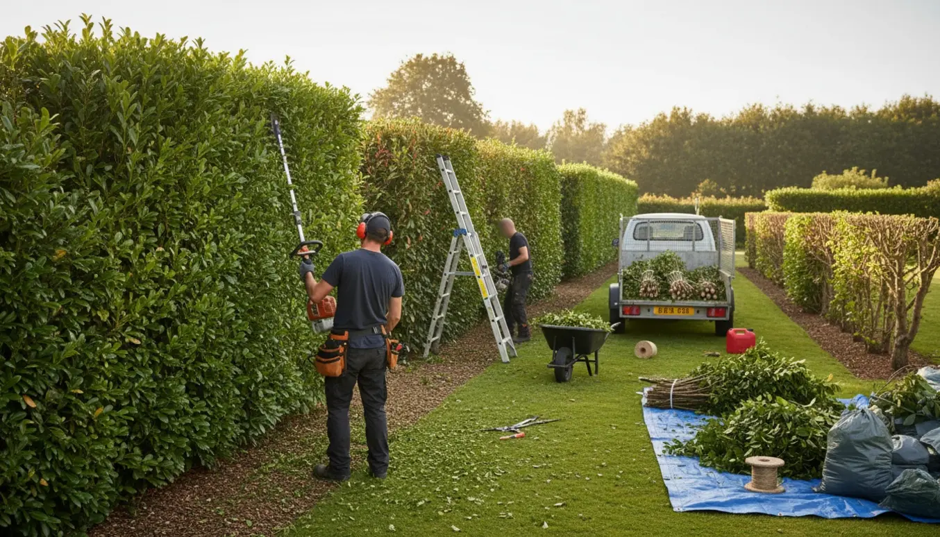 Fagfolk klipper lange ligusterhække, samler grenaffald og læsser det i en trailer.