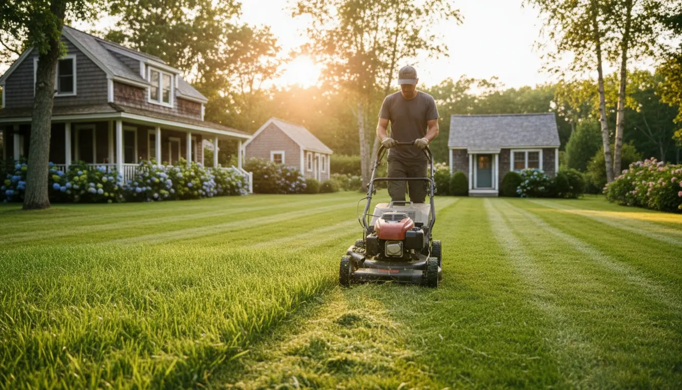 Plæne ved et sommerhus bliver slået med en plæneklipper, med tydelige striber på den store græsplæne.