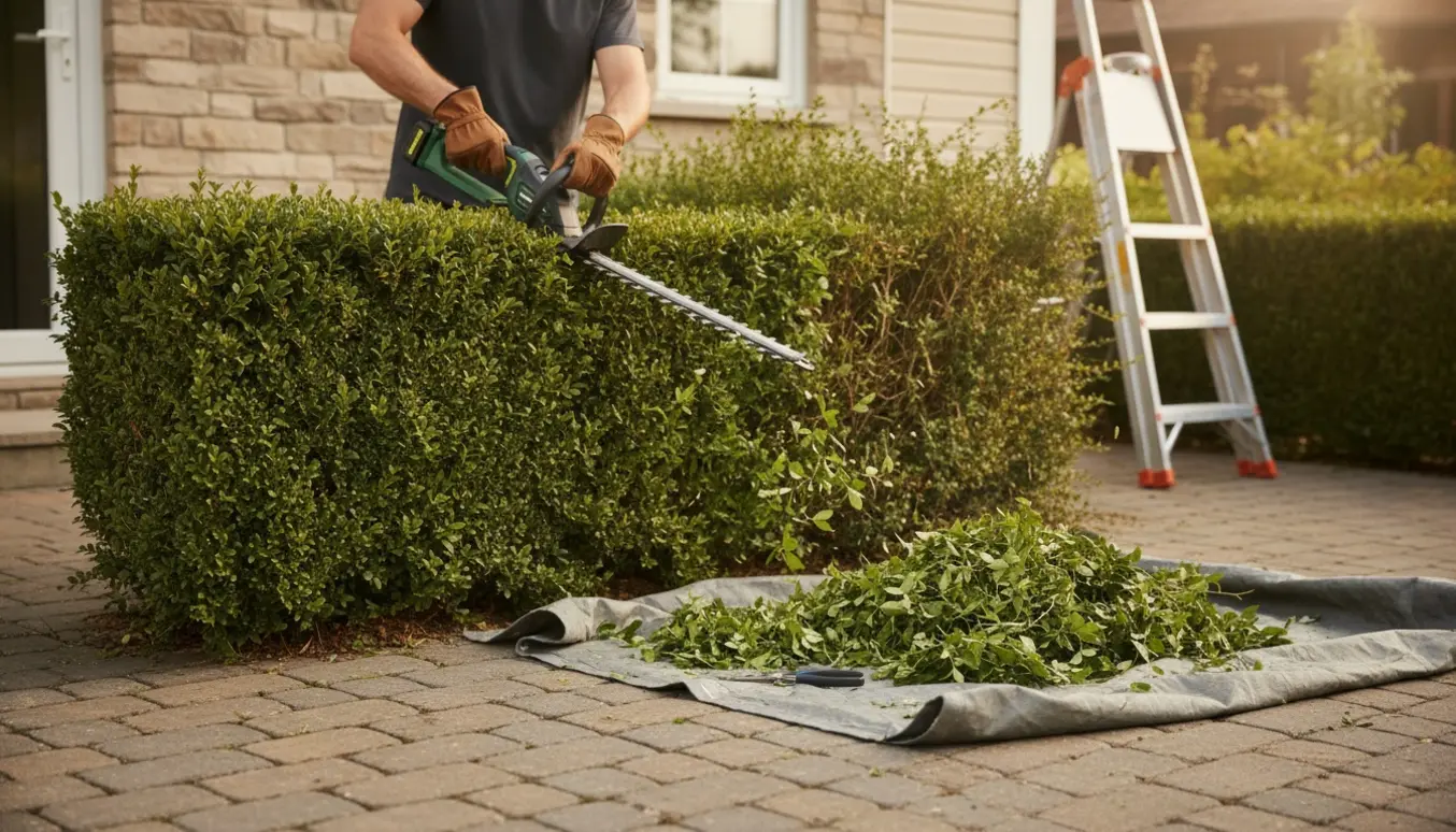 En person klipper en hæk langs indkørslen med en batteridrevet hækkeklipper, den ene side er nyligt tilklippet og der ligger en bunke af klippeaffald.