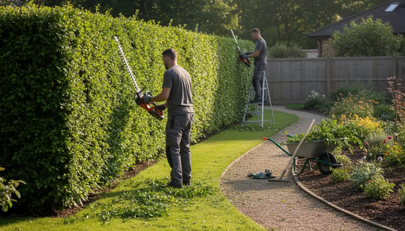 To personer beskærer en lang ligusterhæk med hækkeklippere, mens afklip ligger i græsset.