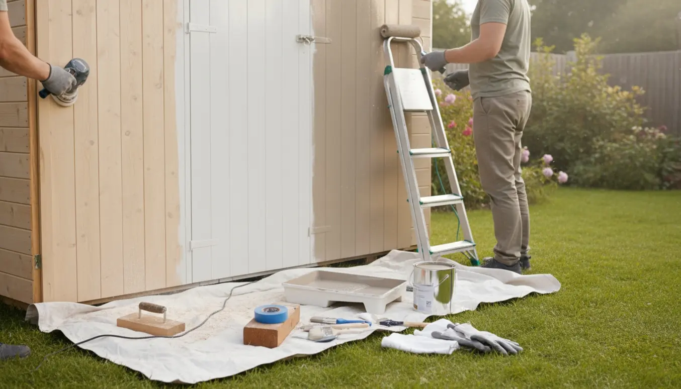 Træskur i haven under renovering med slebne planker, en rulle med frisk maling og malerværktøj.