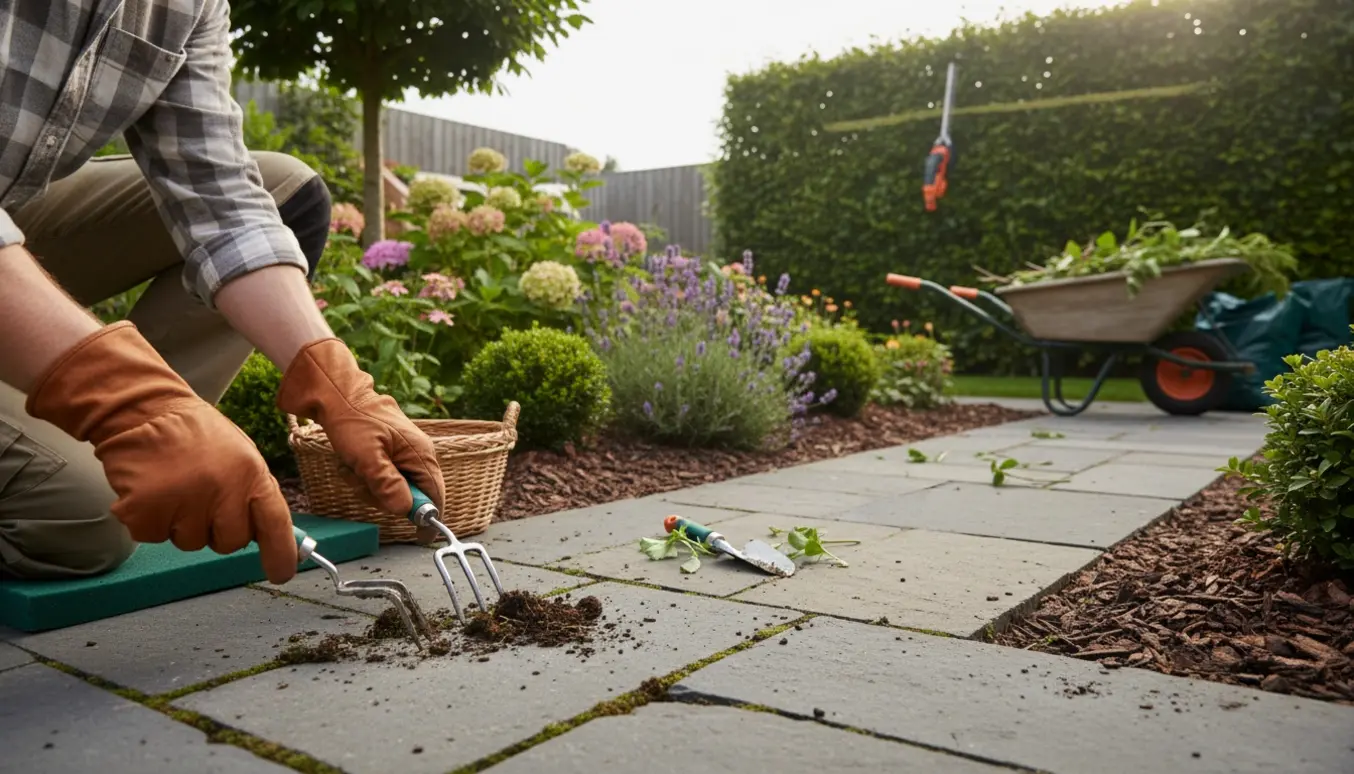 Nærbillede af havearbejde med lugning mellem fliser, beskæring af buske og opsamling af grønt affald.