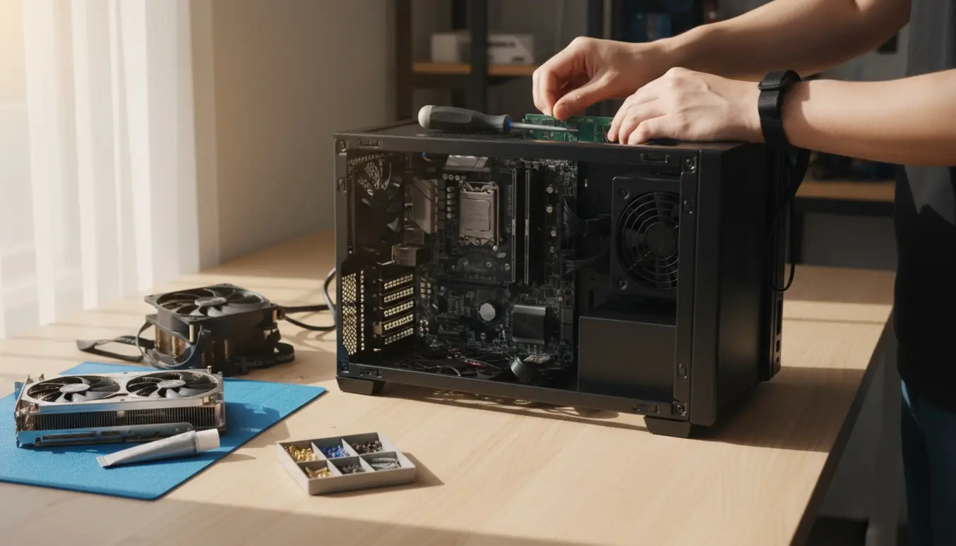 Nærbillede af hænder, der samler en stationær computer på et ryddeligt arbejdsbord med komponenter og værktøj.