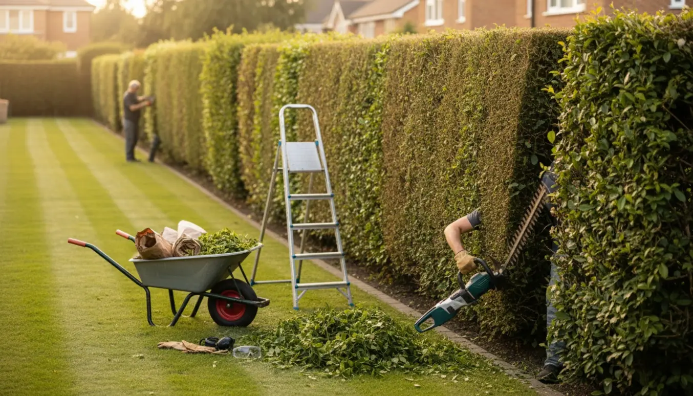 Lang hæk i en forstadshave bliver klippet og trimmet med hækklipper og afklip i forgrunden.