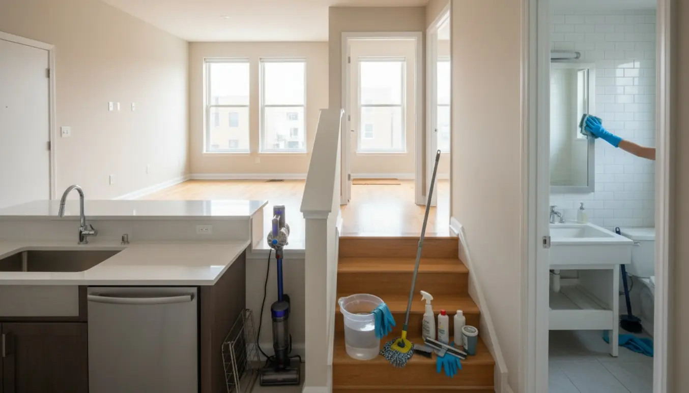 Tom to‑etagers lejlighed med rengøringsudstyr og hænder i gummihandsker, der gør rent under flytterengøring.