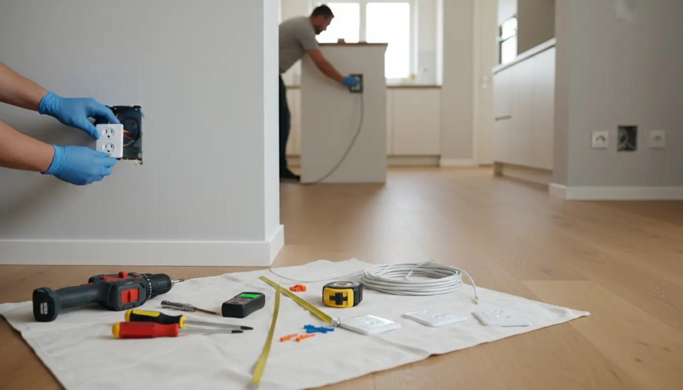 Elektriker monterer flere nye stikkontakter i en lys, moderne lejlighed med værktøj og synlige ledninger.