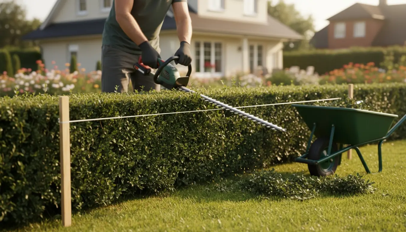 Nærbillede af hækkeklipning med handske, hækkeklipper og snor markeret i knæhøjde, friske afklip på græsset.