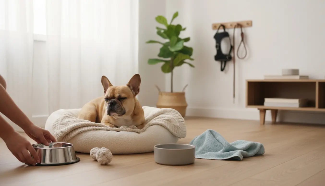 Fransk bulldog ligger på en blød hundeseng i en lys skandinavisk stue, mens hænder sætter en vandskål frem.