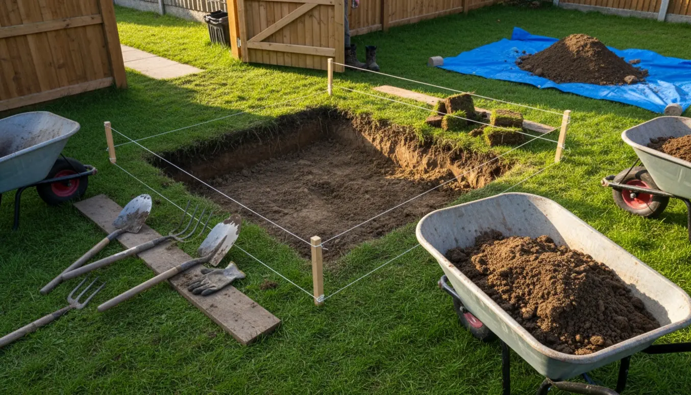 Baghave med udgravet rektangel til trampolin, værktøj og en trillebør fuld af jord ved en åben havelåge.