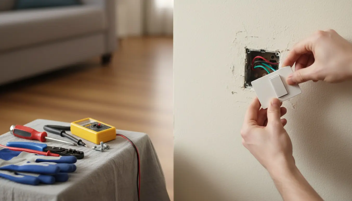 Hænder monterer en ny knap og dæksel på en stikkontakt med skruetrækker og værktøj.