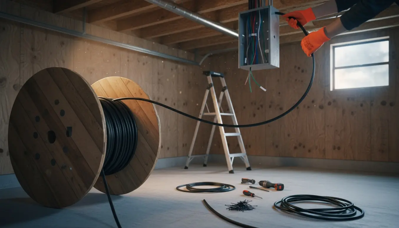 Nærbillede af elektriker, der trækker ny el i en garage med kabelrulle og åben koblingsdåse.