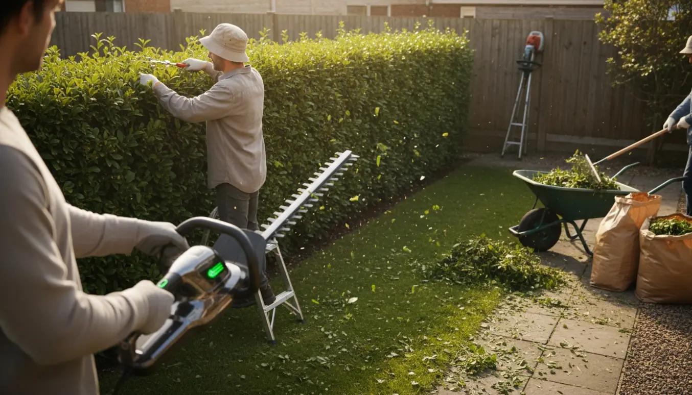 To personer trimmer en grøn hæk i en villahave, mens afklip samles i en trillebør.