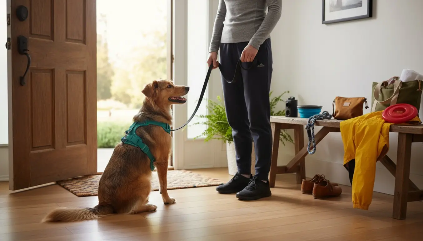 En hund i sele ved hoveddøren med snor og hundeudstyr klar til lufteture og pasning.