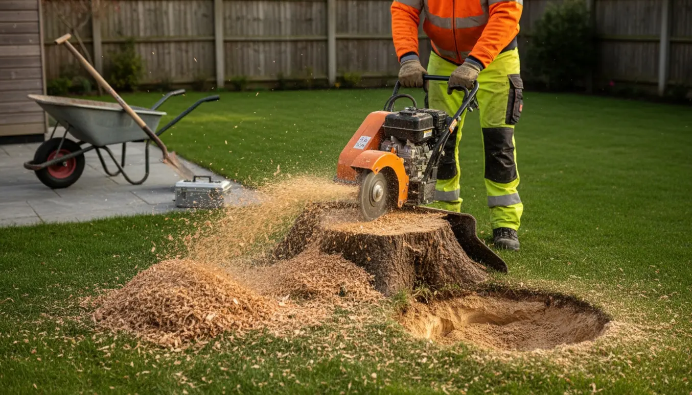 En stubfræser fjerner to små stubbe i en have, med flis og støv omkring.