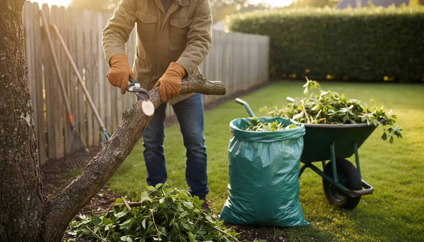 Hænder i havehandsker trimmer en busk, mens haveaffald læsses i en trillebør.