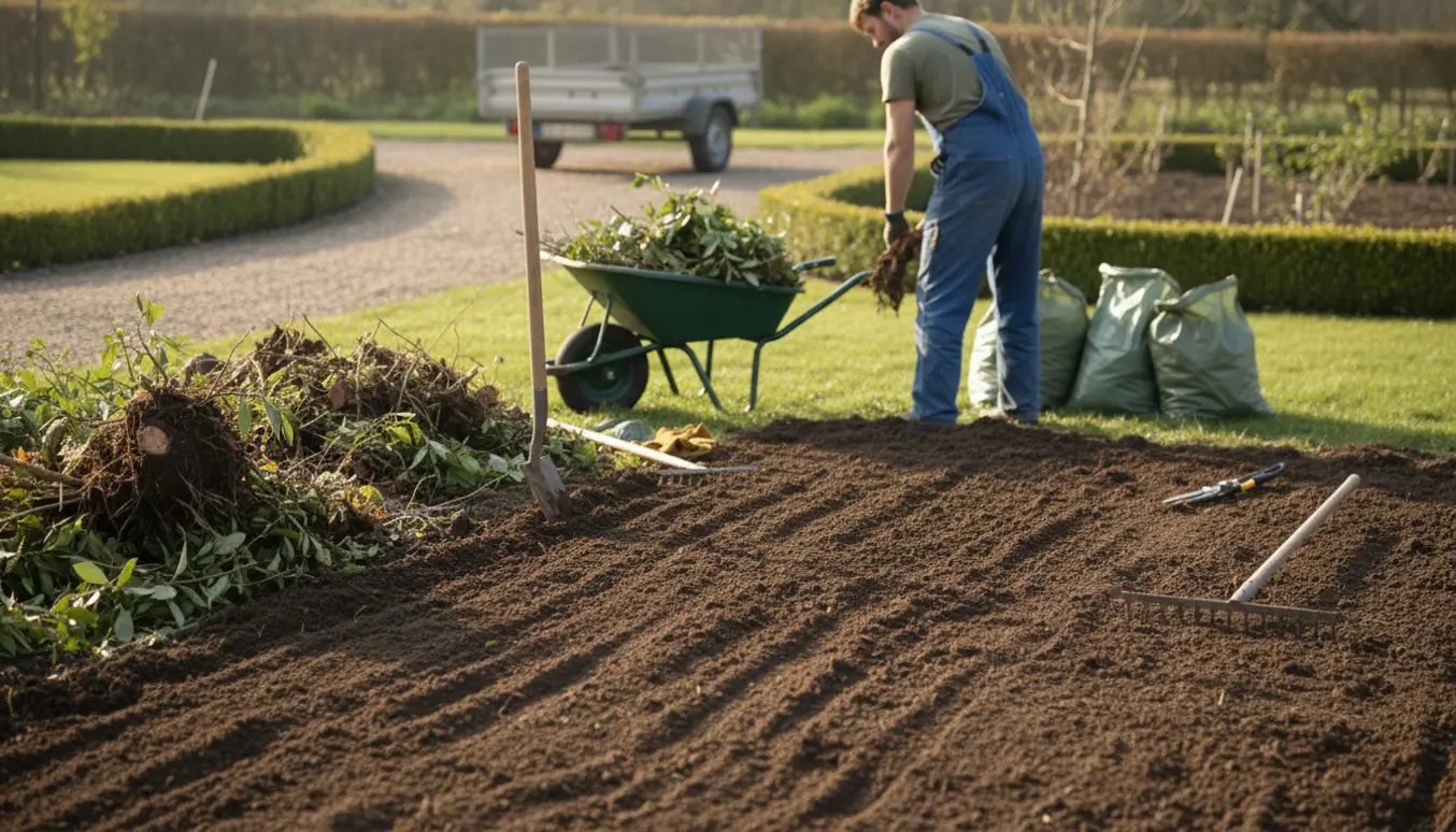 Nyrenset havebed med bunke af buske, trillebør og sække klar til bortkørsel.