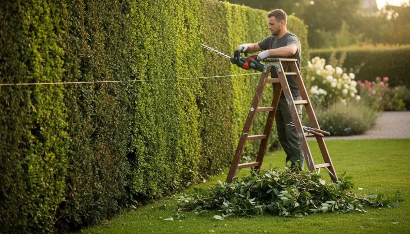 Cirka en meter af en grøn hæk klippes væk med hækkeklipper, og afklippede grene ligger i en bunke.