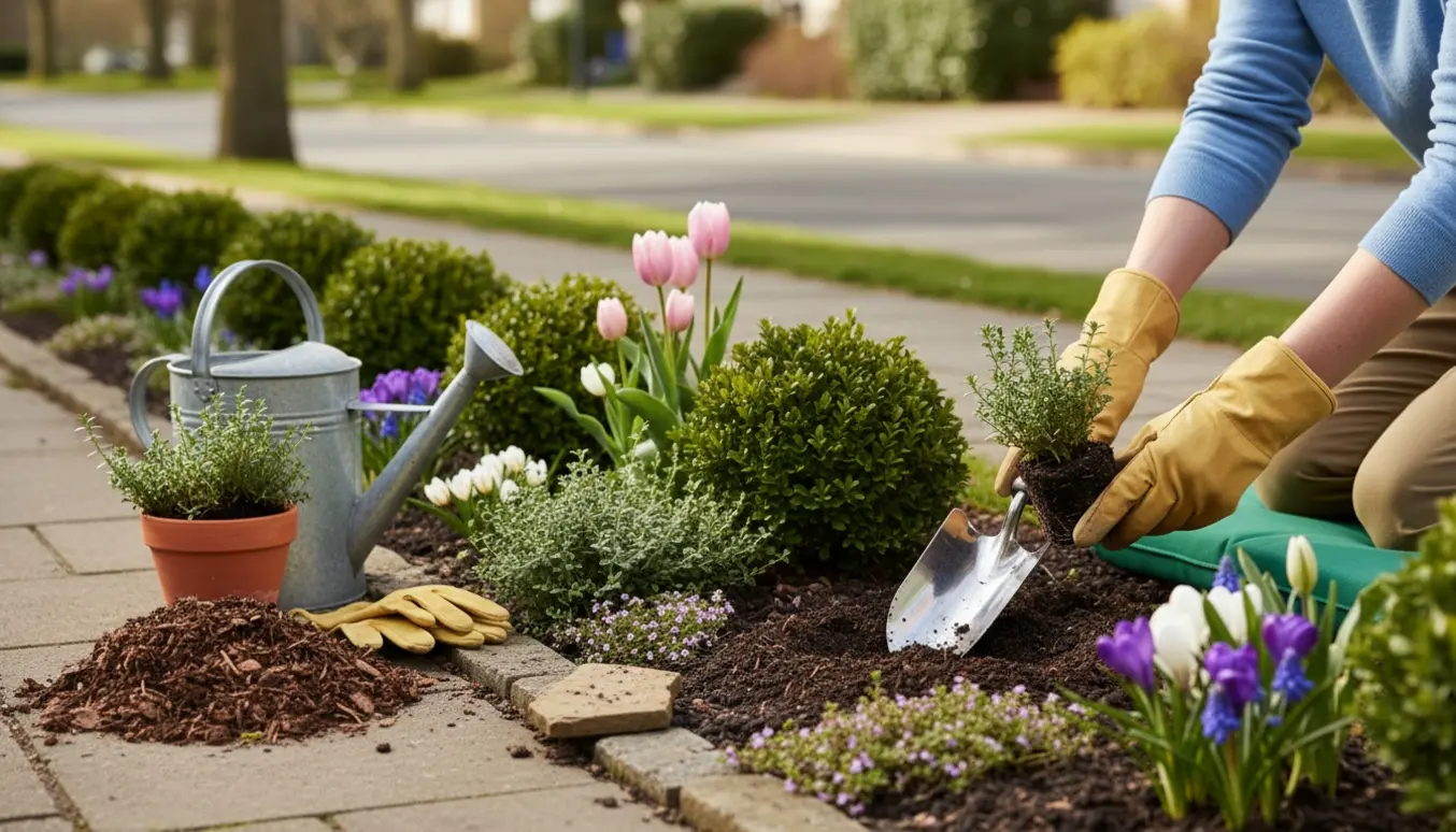 Lave buske og forårsblomster afgrænser en forhave mod vejen, mens hænder planter og vander.