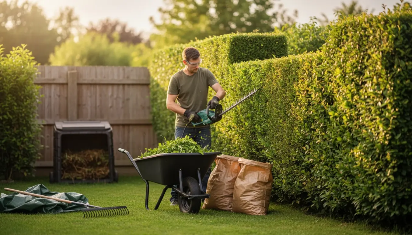 Person trimmer en hæk i en have med klippeaffald i en trillebør klar til bortskaffelse.