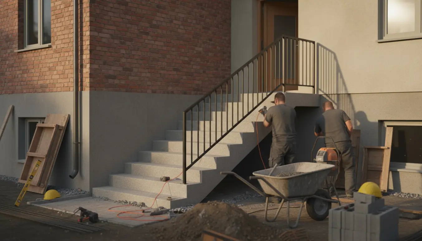 Ny udvendig trappe op til en åbnet stueetagedør ved husfacade under opbygning med værktøj og materialer.