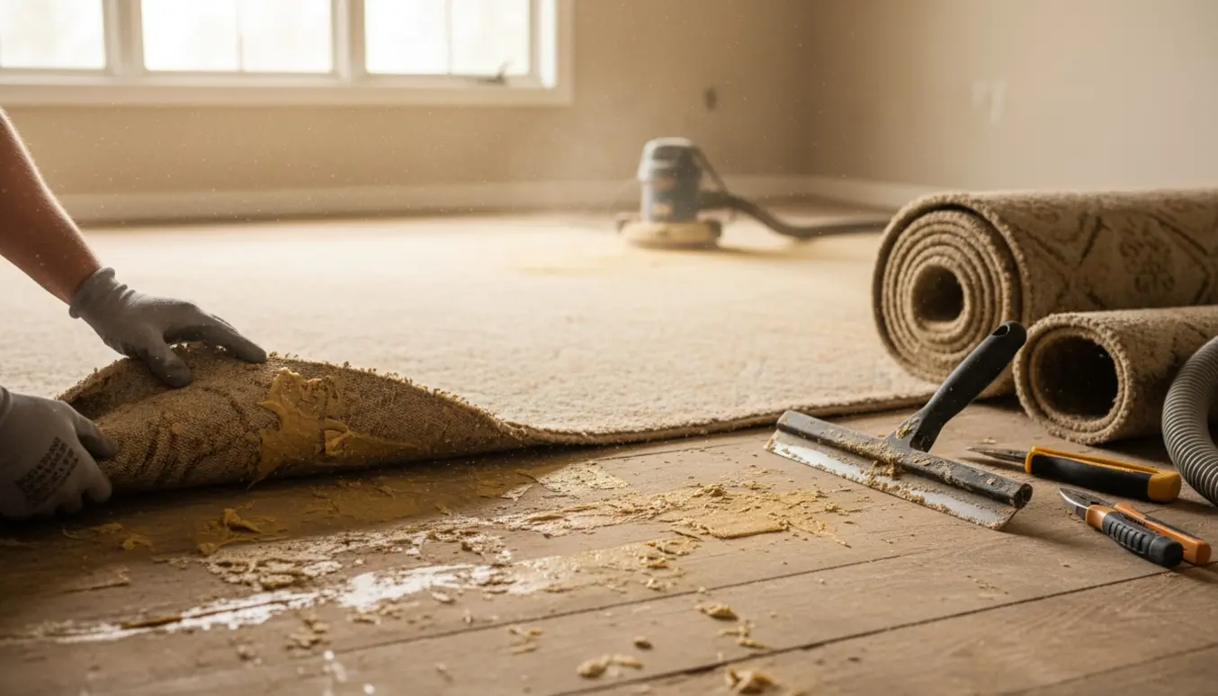 Halvt fjernet væg-til-væg-gulvtæppe med ruller, værktøj og slibemaskine, der forbereder et trægulv.