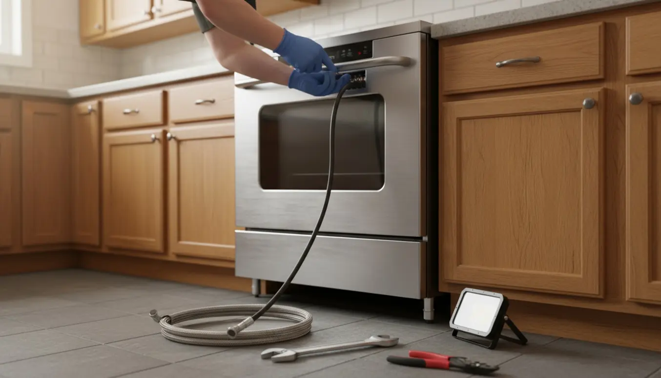 Nærbillede af hænder, der tilslutter et komfur i et moderne køkken.