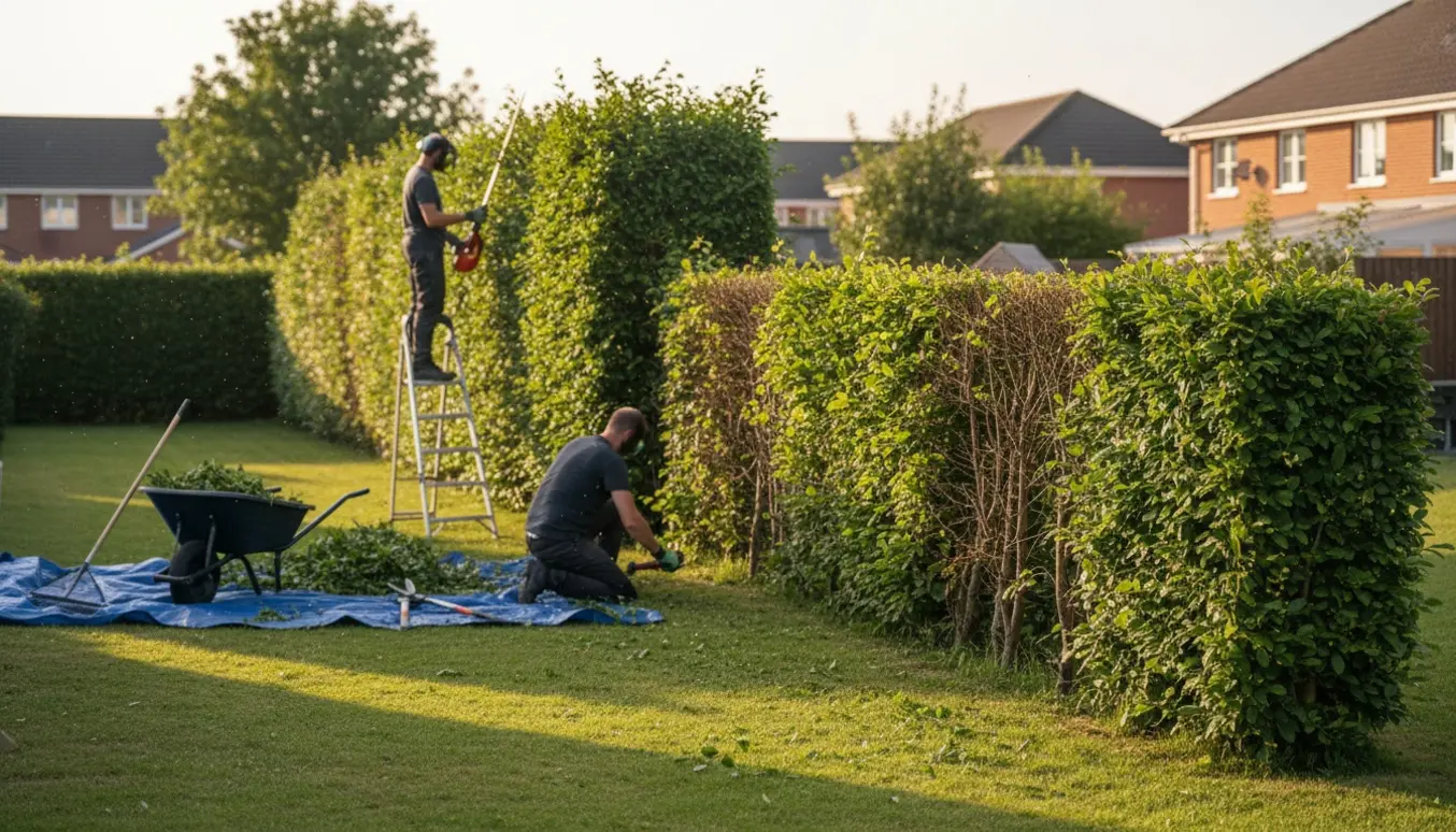 Gartnere trimmer flere sektioner af en lang bøgehæk med stangsaks og håndsakse, afklip i trillebør.