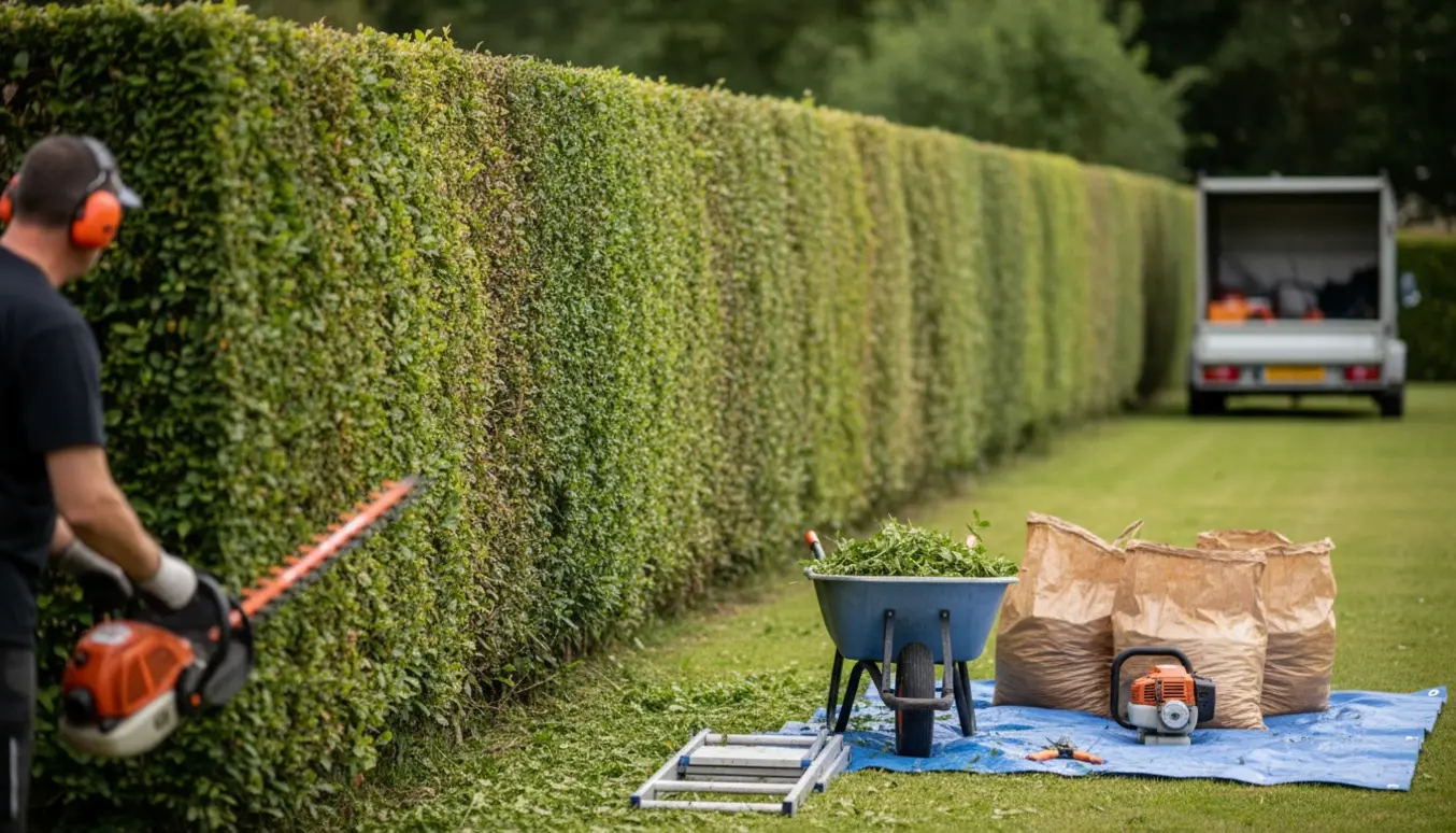 En anlægsgartner trimmer en lang hæk til 2 meters højde, mens afklip samles i en trillebør og poser.