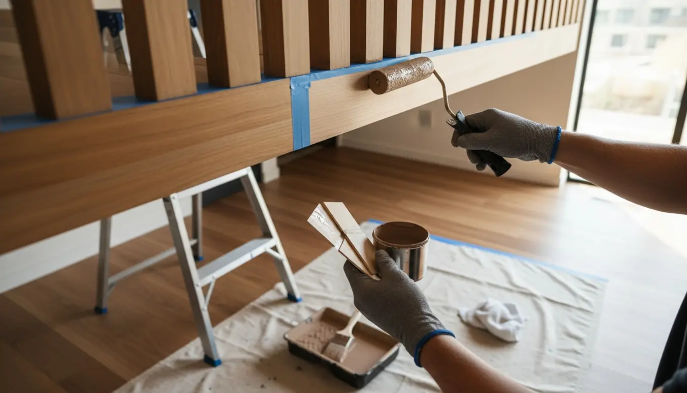 Hænder holder farveprøver og maler en træbjælke i loftet med rulle og blandet maling.