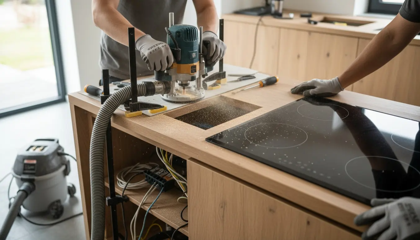 Hænder fræser en bordplade ud til en større induktionskogeplade, med den nye sorte glaskeramiske kogeplade klar ved siden af.