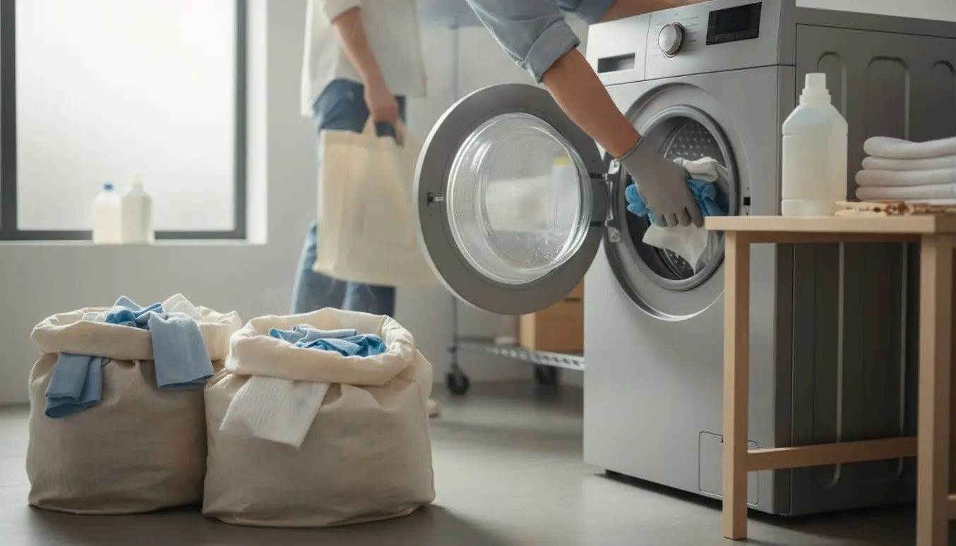 Hænder lægger små håndklæder i en vaskemaskine i et lyst, moderne vaskerum.