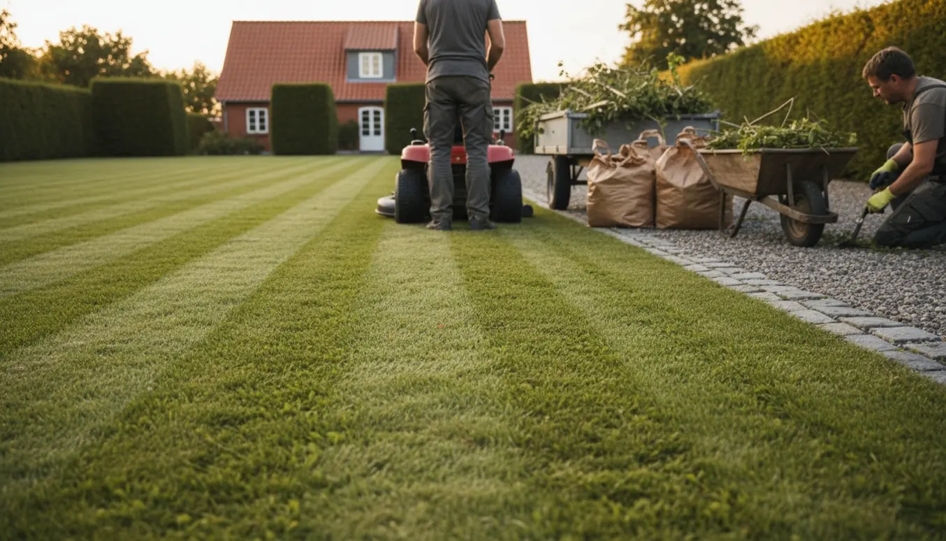 Havehjælper slår græs, læsser haveaffald og fjerner ukrudt i indkørslen på en stor grund i Turup.