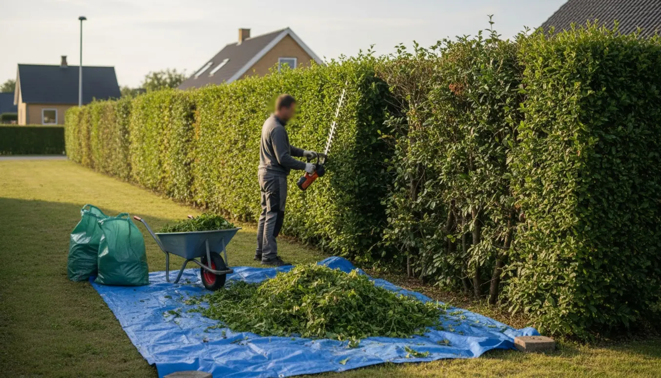 Kraftig klipning af en lang hæk i et dansk villakvarter med indsamling af afklip.