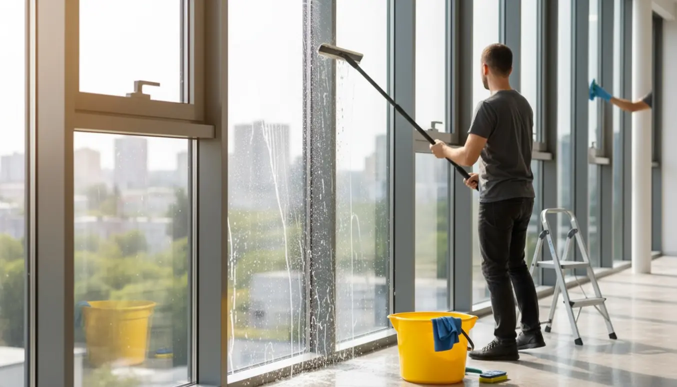 Vinduespudser set bagfra tørrer store og små vinduer med skureskovl og spand i varmt dagslys.
