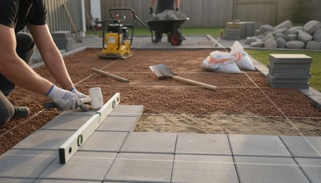 Forhave hvor sten flyttes væk og 40x40 cm fliser lægges på stabilgrus og sand.