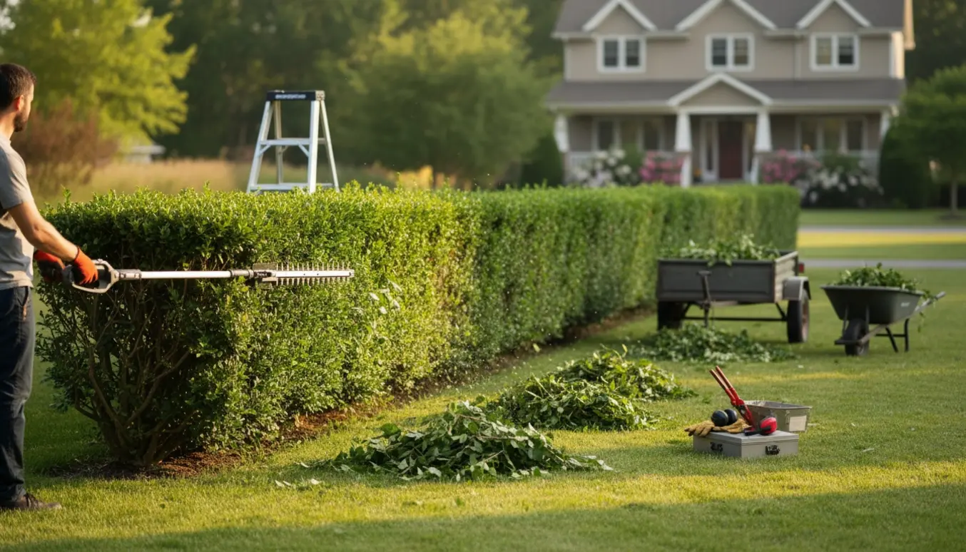 En havehæk klippes i højden med afklip samlet ved en trailer.