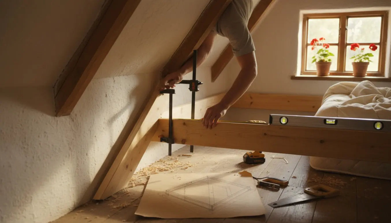 Hænder bygger en skråtilpasset seng i et lille kolonihavehus med værktøj og sollys.