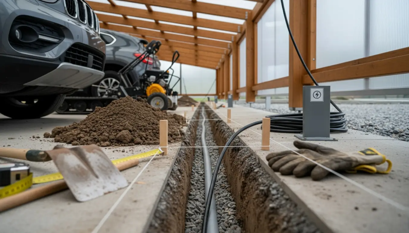 Et nyligt gravet spor under en carport med kabelrør klar til installation af en ladestander.