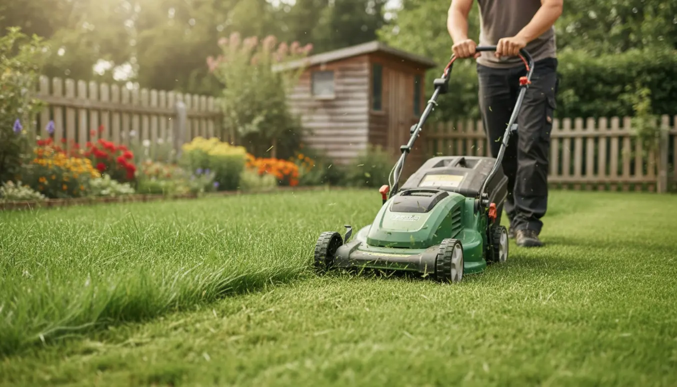 Plæneklipper klipper langt græs i en mellemstor baghave med tydelig kant mellem klippet og uklippet græs.