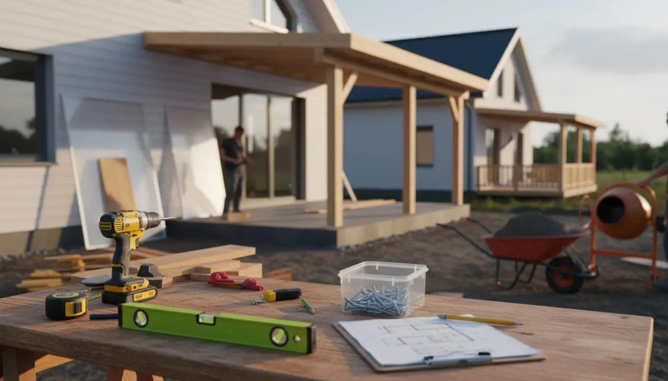 Detaljeret foto af en lille overdækket terrasse under opførelse med træstolper, nystøbte sokler og byggematerialer.