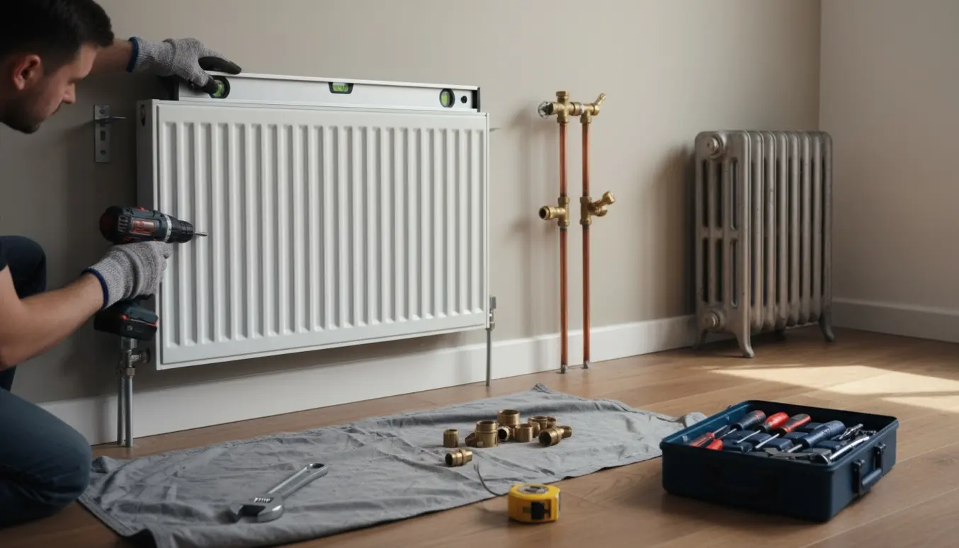 Håndværker monterer en slank radiator på væggen i et hjørne med værktøj og synlige rør.